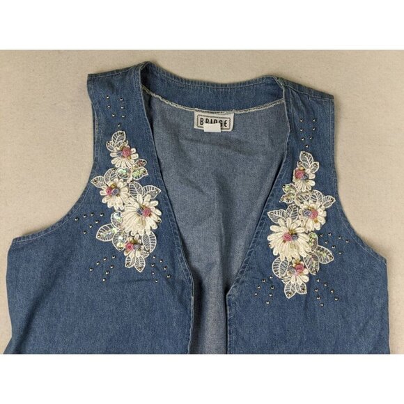 VINTAGE 90s WOMEN'S DENIM VEST - APPLIQUE - BRIDGE - SIZE L - Picture 4 of 7